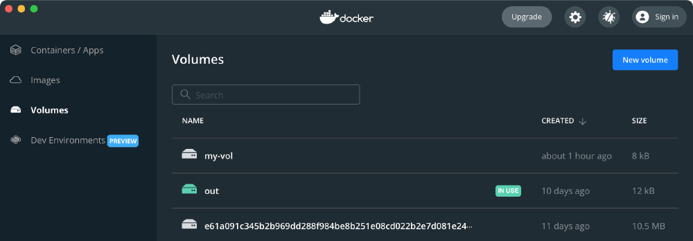 Docker Desktop によるボリュームの確認